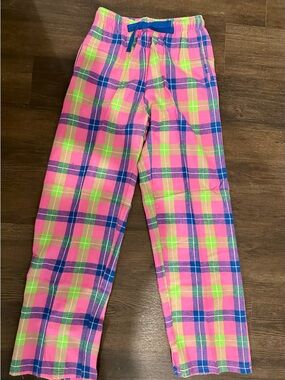 boxercraft Pink Plaid Kids Pajama Pants with Neon Green and Blue Trim.